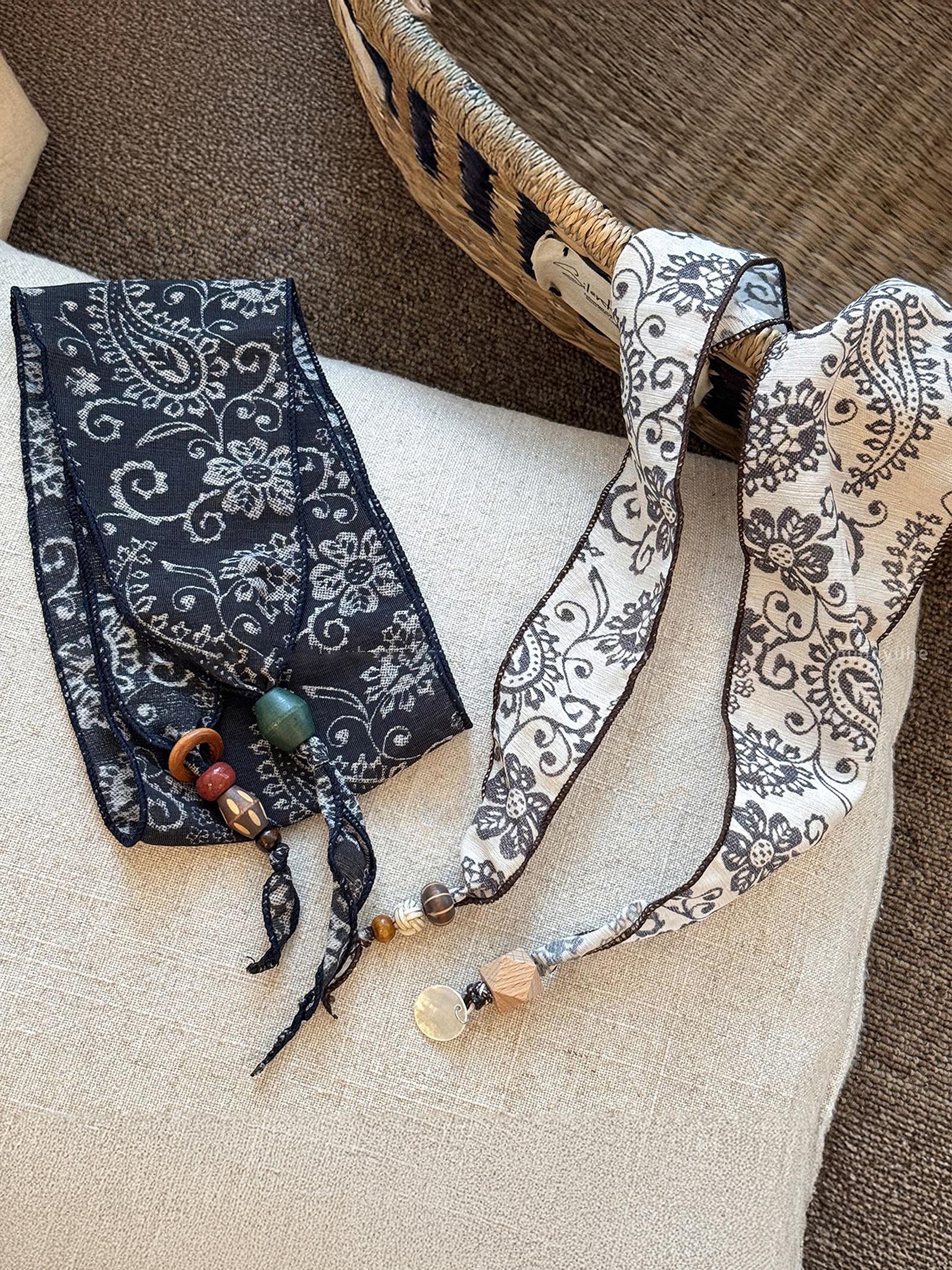 Multi-Functional Floral Satin Scarf With Jade Bead Accents DestGlow