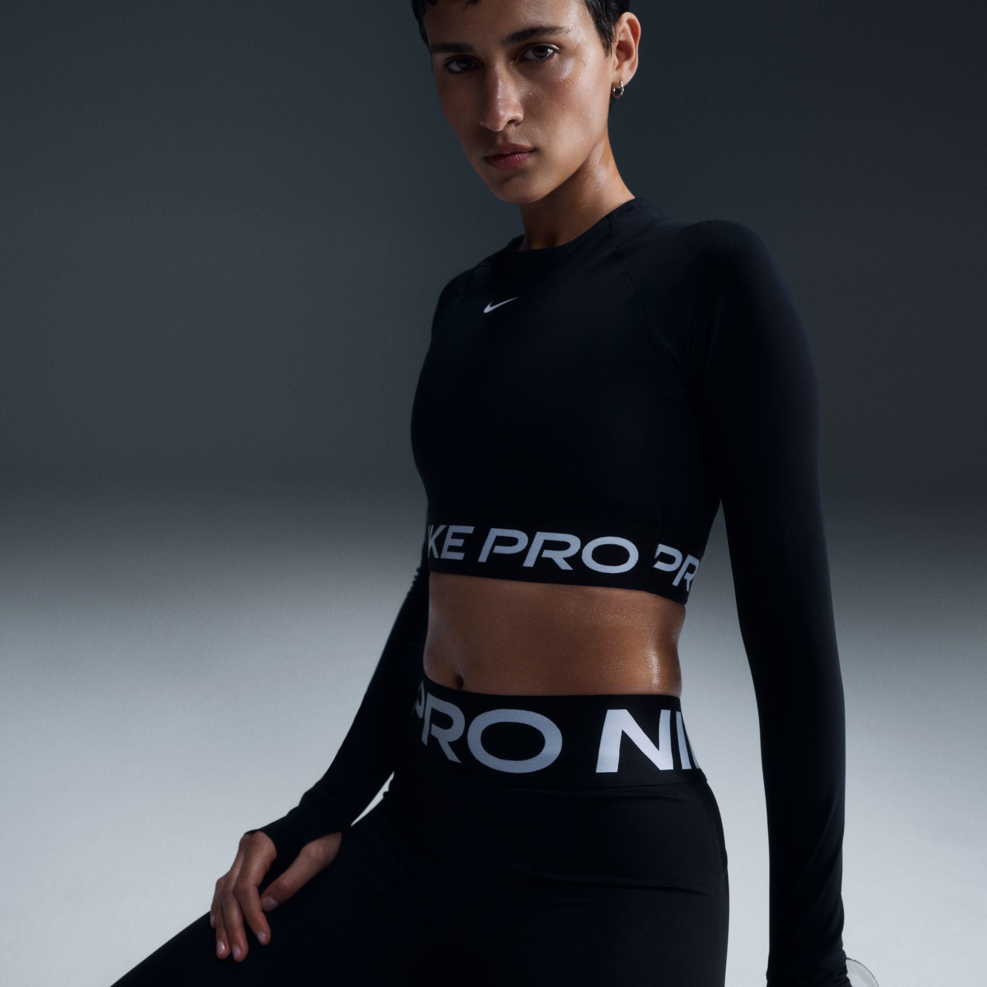Nike Womens Pro Cropped Long Sleeve - Black White by Denim Exchange