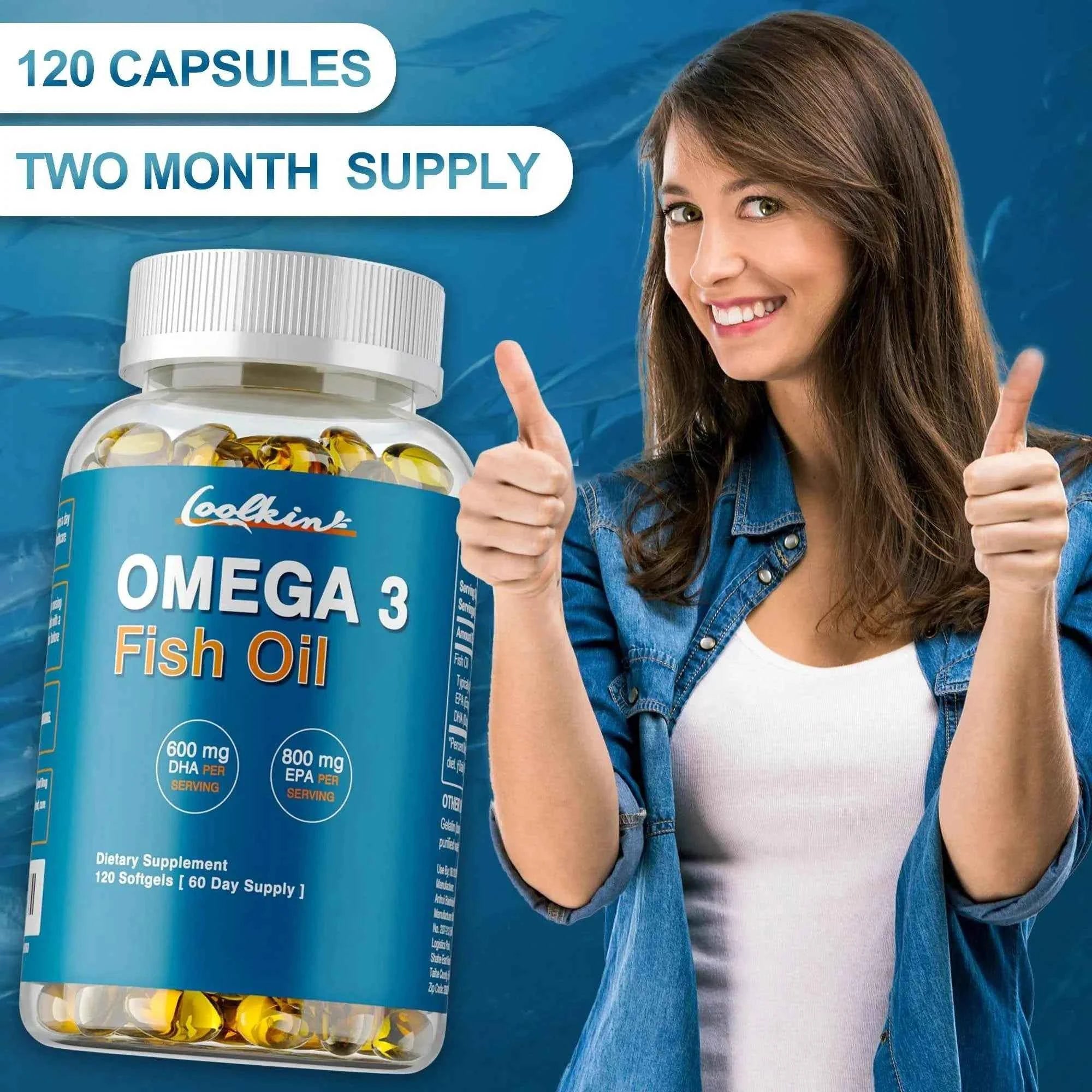 Omega 3 Fish Oil - with DHA & EPA - Supports Brain, Nervous System, Cardiovascular, Skin Health, Antioxidant - 120 Capsules