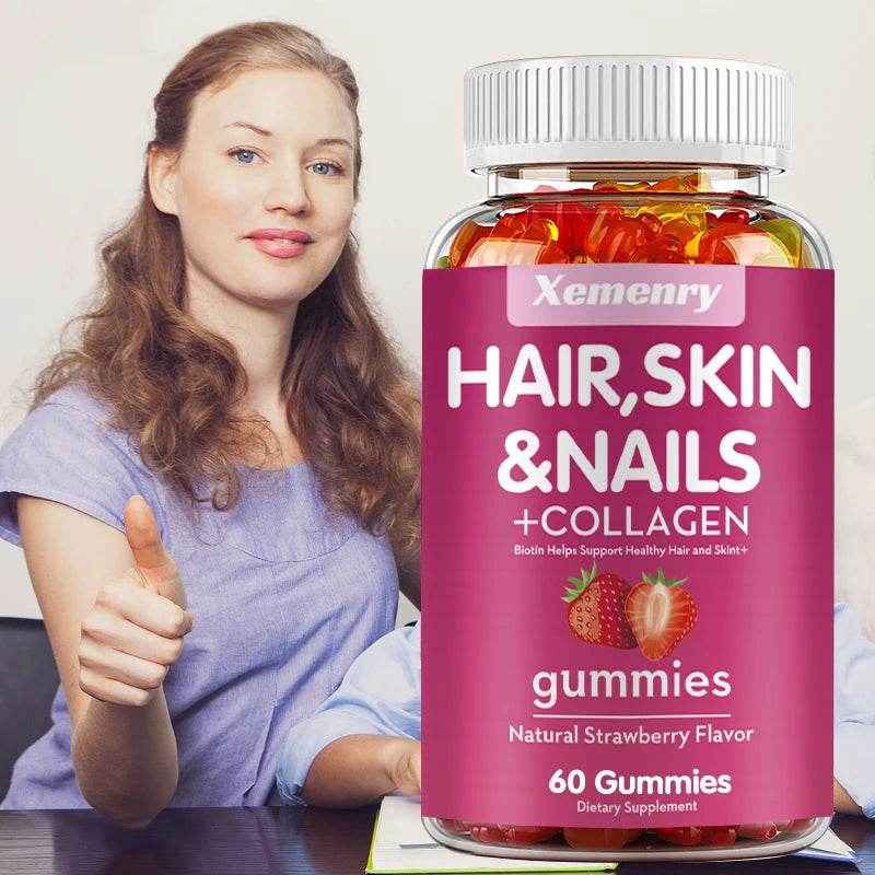 Hair, Skin & Nails + Collagen Gummies - Promotes Healthy Skin, Joints, Hair, Nails, Antioxidants - 60 Gummies