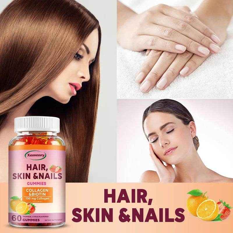 Hair, Skin & Nails Vitamins - Contains Biotin, Collagen - Promotes Hair Growth, Nourishes Skin, Strengthens Nails - 60 Gummies
