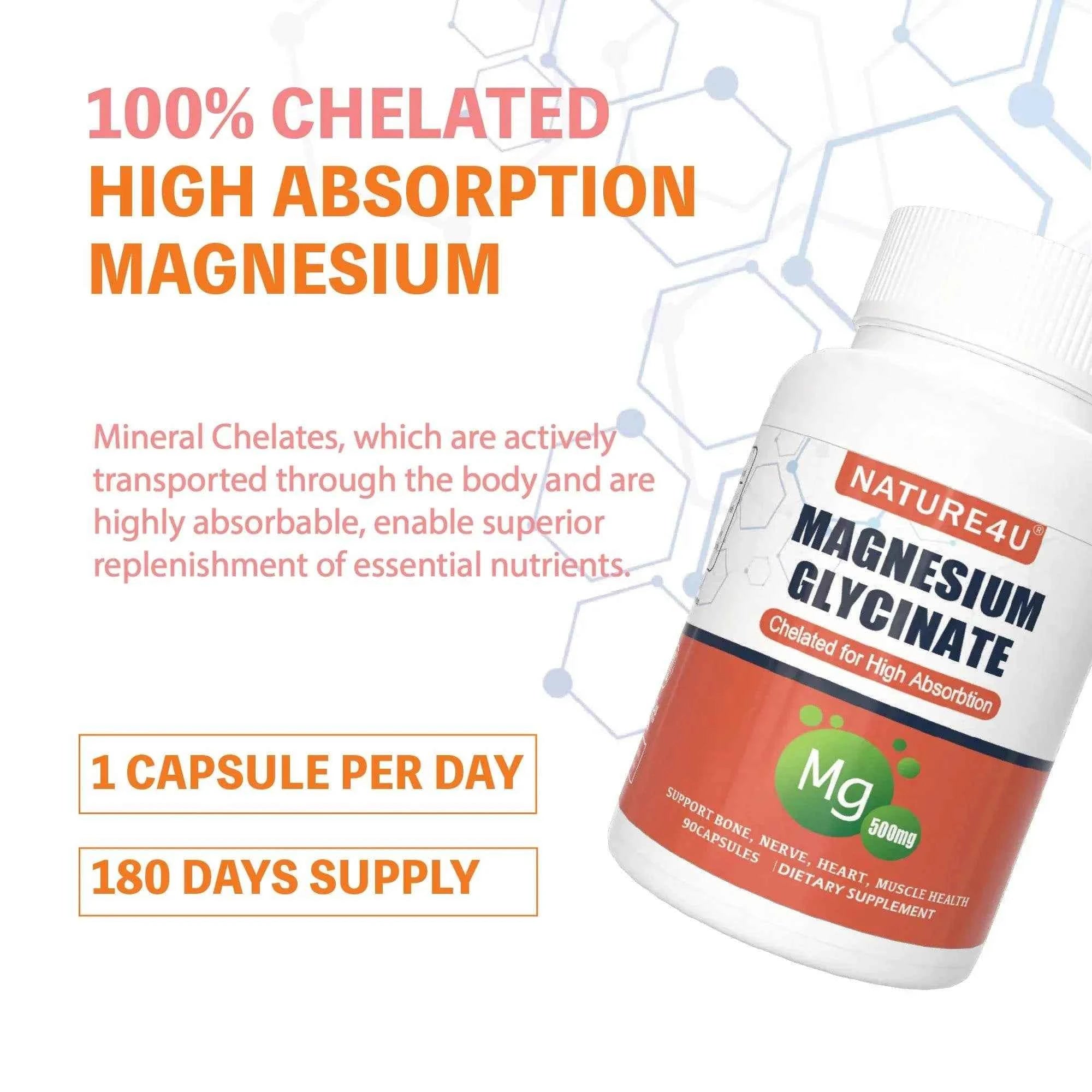 Magnesium Glycinate 500mg, 100% Chelate for High Absorption Magnesium Supplement for Sleep, Muscle, Heart, Never and Bone Suppor