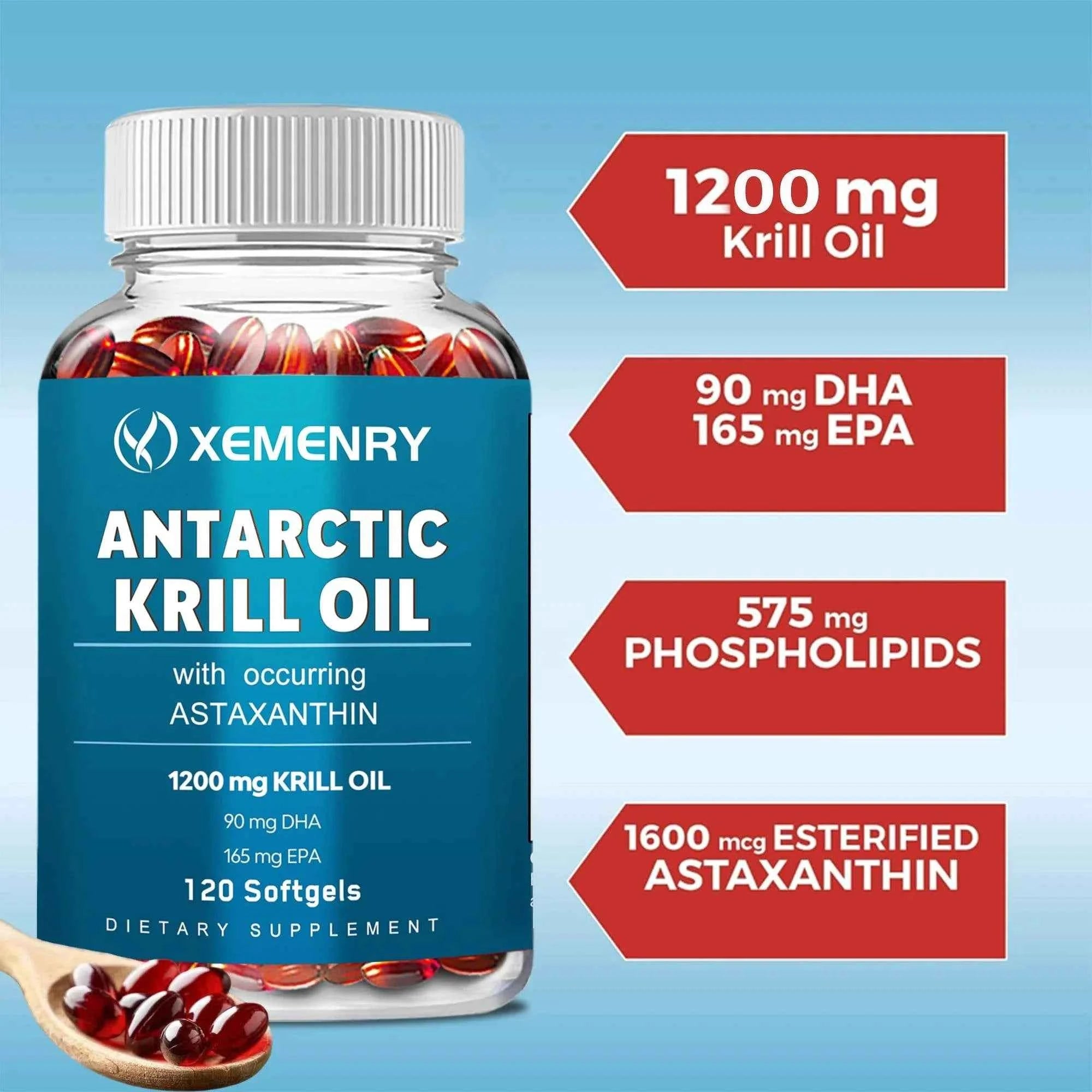 Antarctic Krill Oil Supplement - EPA, DHA, Astaxanthin Phospholipids, Heart, Brain, Joint Eye Health - 120 Capsules