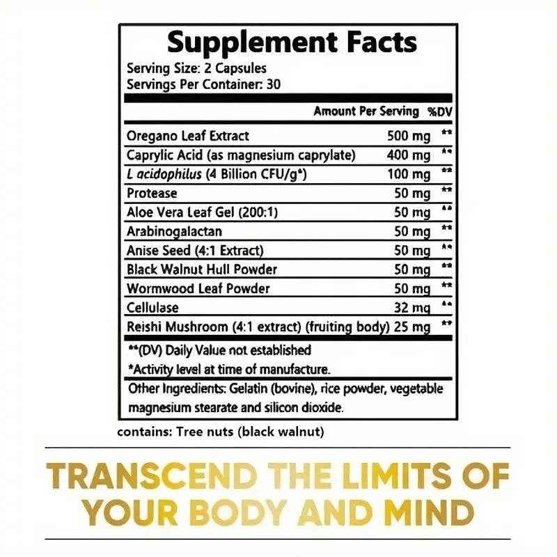 Candida Cleanse -Gut and ColonSupport -for Men & Women -AntiYeast Overgrowth -Oregano Leaf, Wormwood, Black Walnut, caprylic Ac