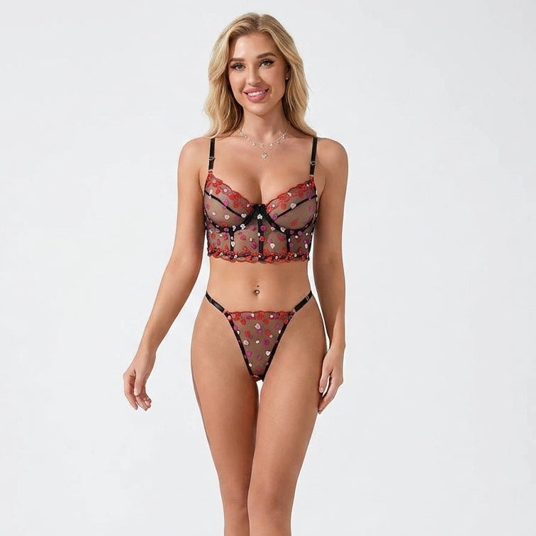 Amora Sheer Heart Embroidered 2 Piece Lingerie Set by Lingerie By Coco