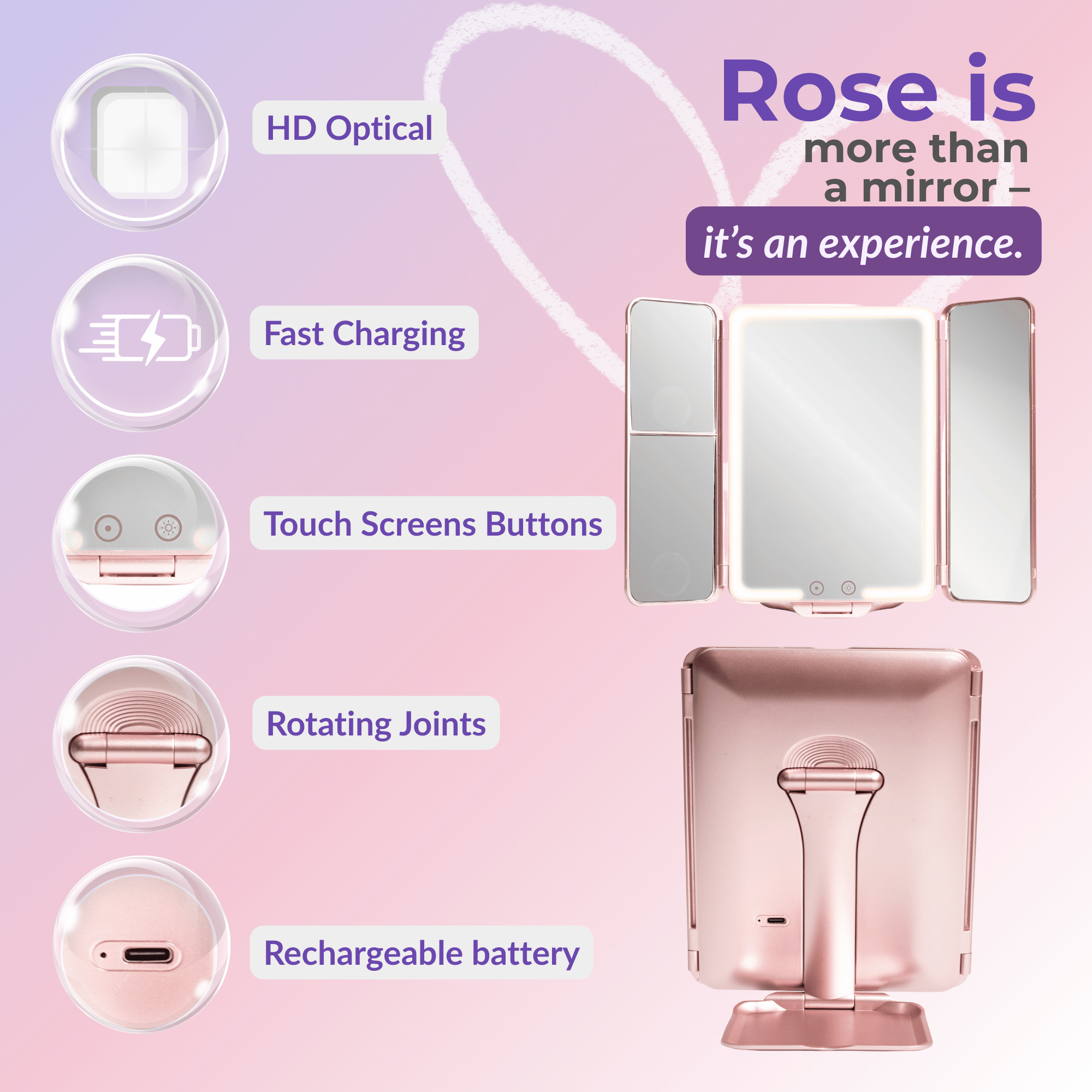Rose InBella Compact & Travel Mirror with LED Light – Rechargeable DestGlow