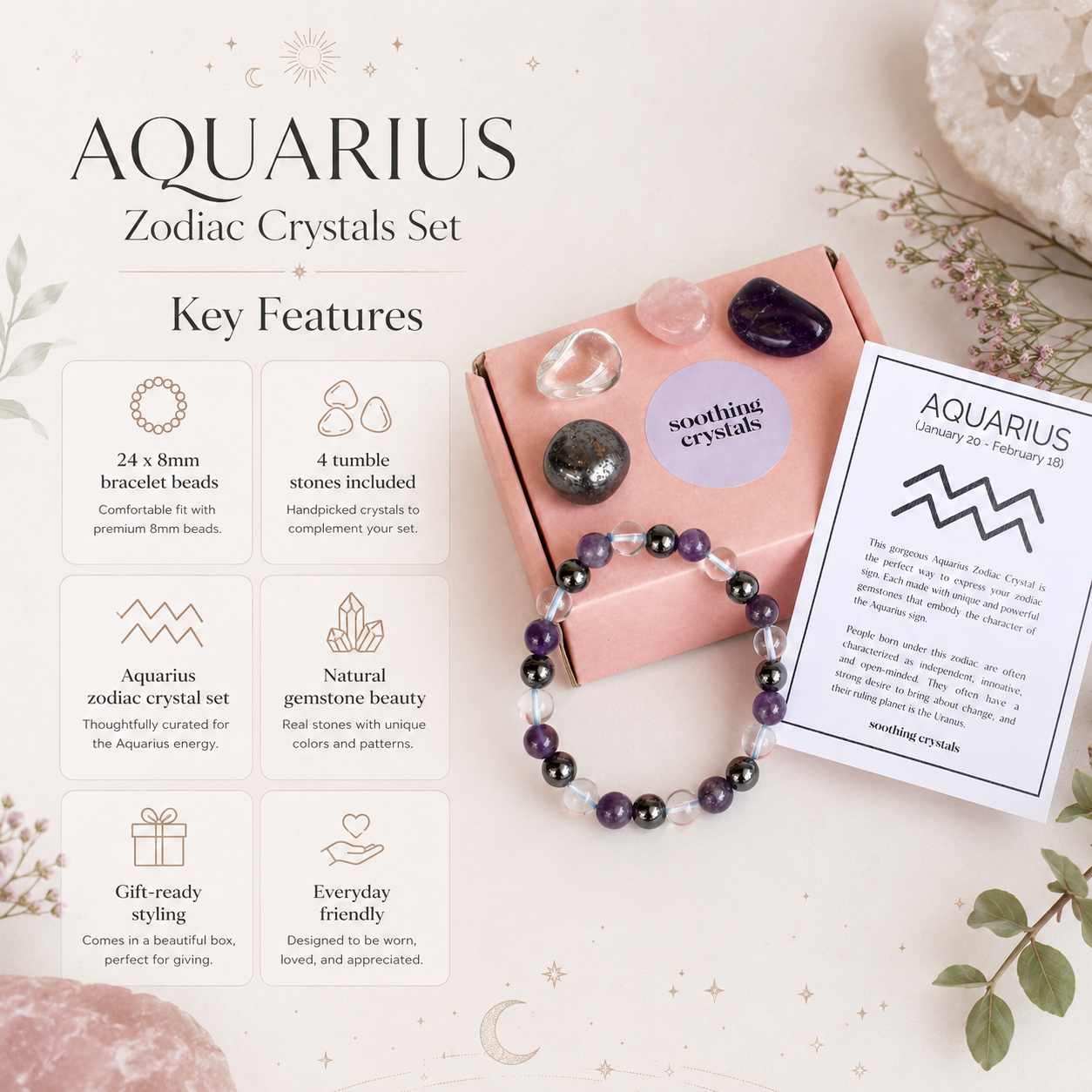 AQUARIUS Zodiac Crystal Kit, Aquarius Birthstones Tumbled Stones Set, Aquarius Gifts DestGlow
