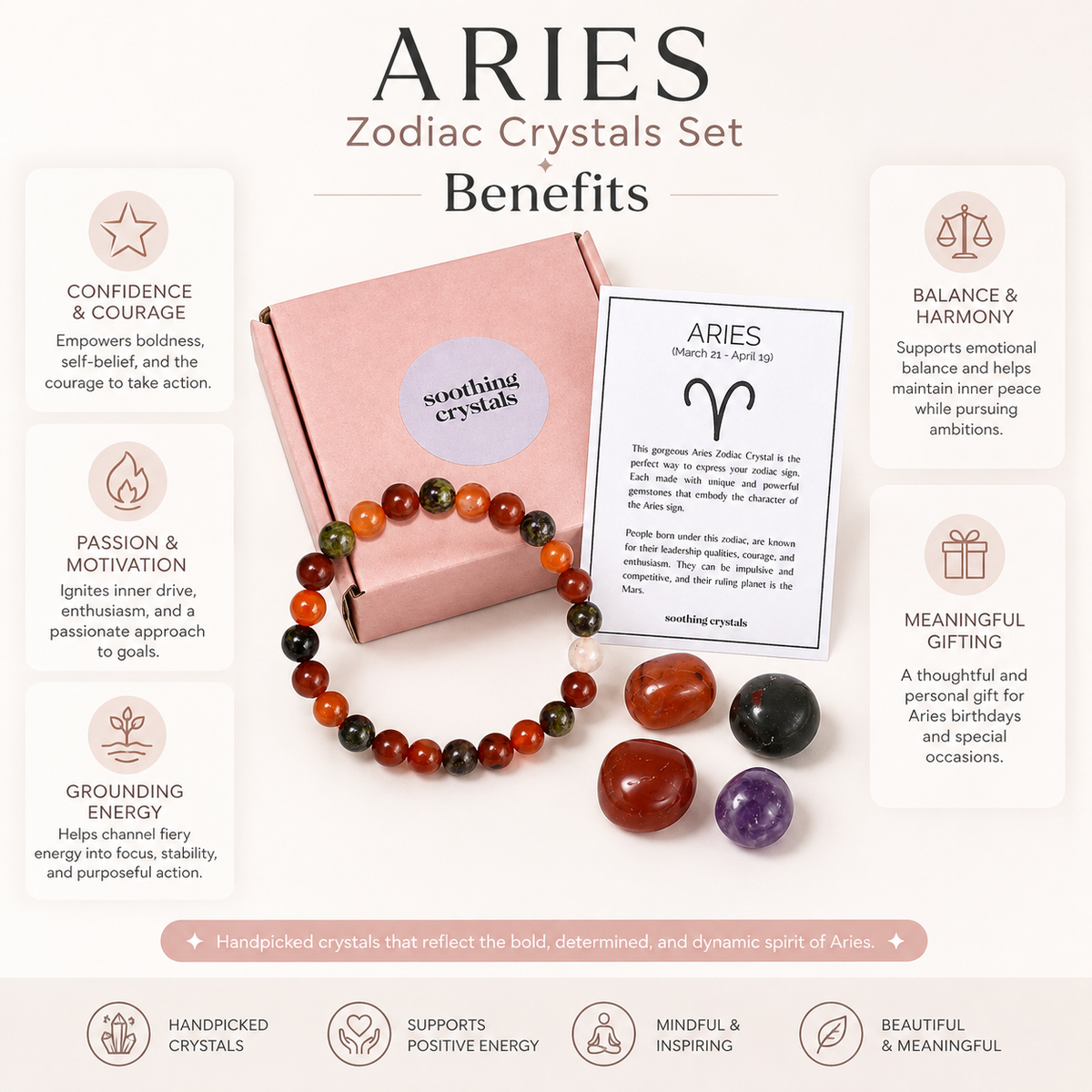 ARIES Zodiac Crystal Kit, Aries Birthstones Tumbled Stones Set, Aries Stones Gifts DestGlow