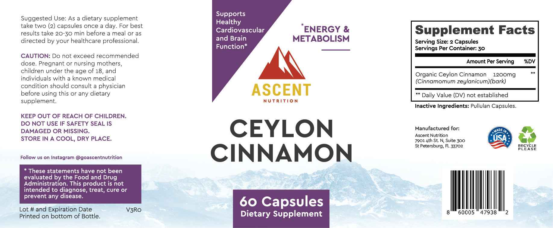 Organic Ceylon Cinnamon, 60 Capsules, 1200 mg by Ascent Nutrition