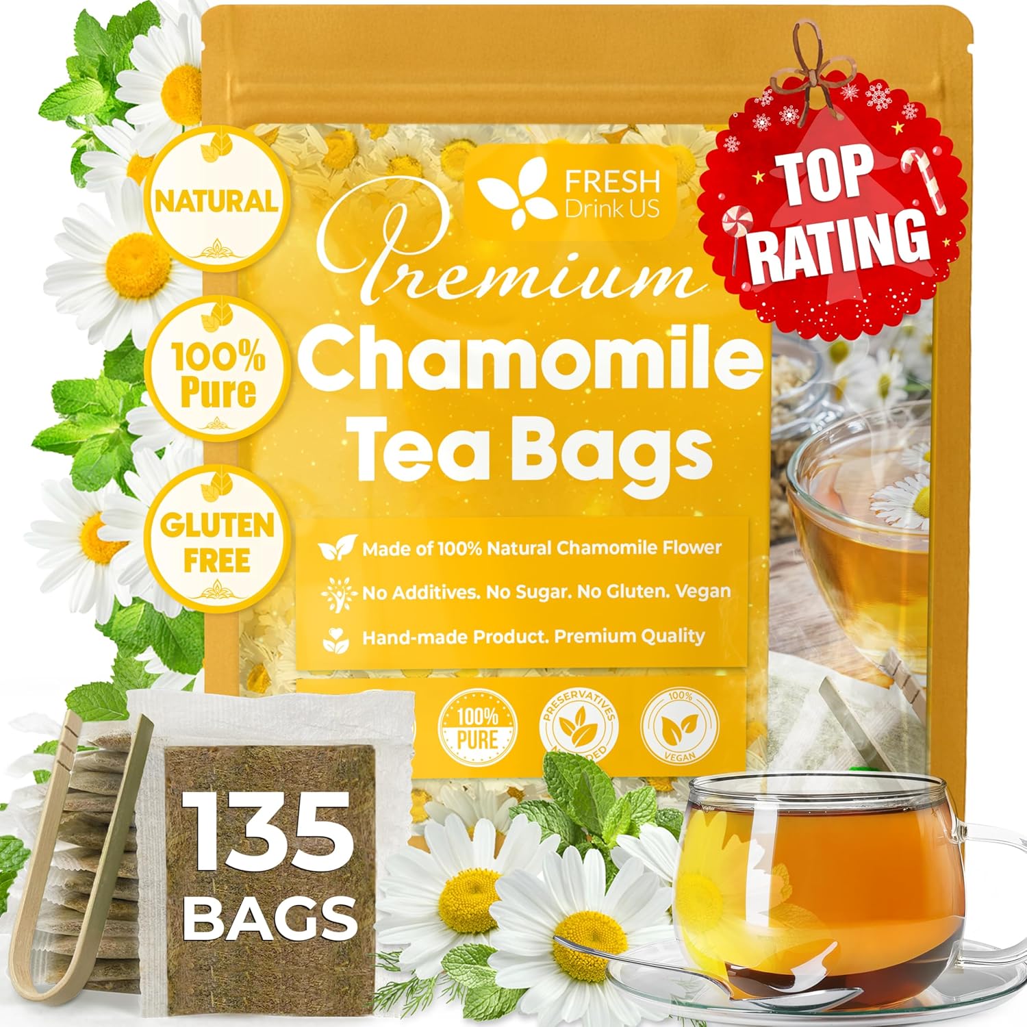 Chamomile Tea Bags, 100% Natural Chamomile, Freshly Picked, Naturally Dried Chamomile, Hand-made, Biodegradable Tea Bag