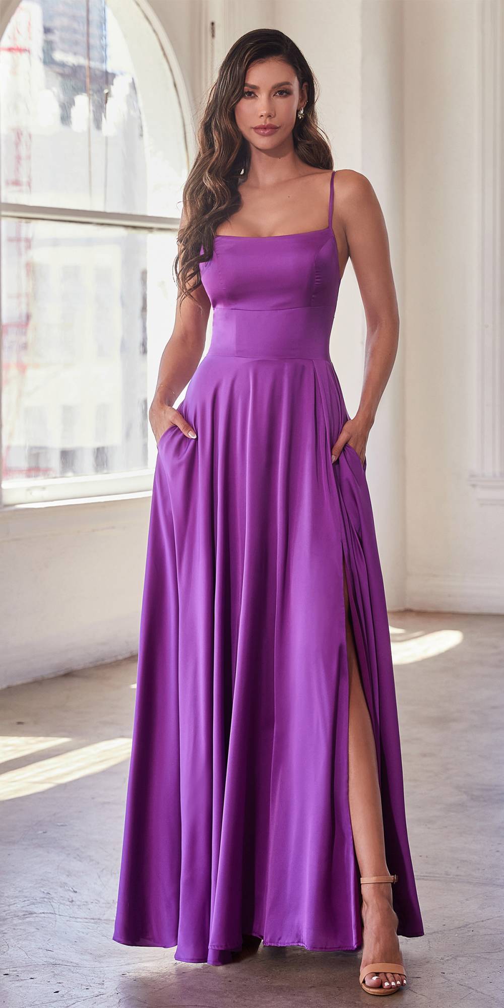 Ladivine B8402 Long Square Neck Pockets Satin A-Line Gown by DiscountDressShop