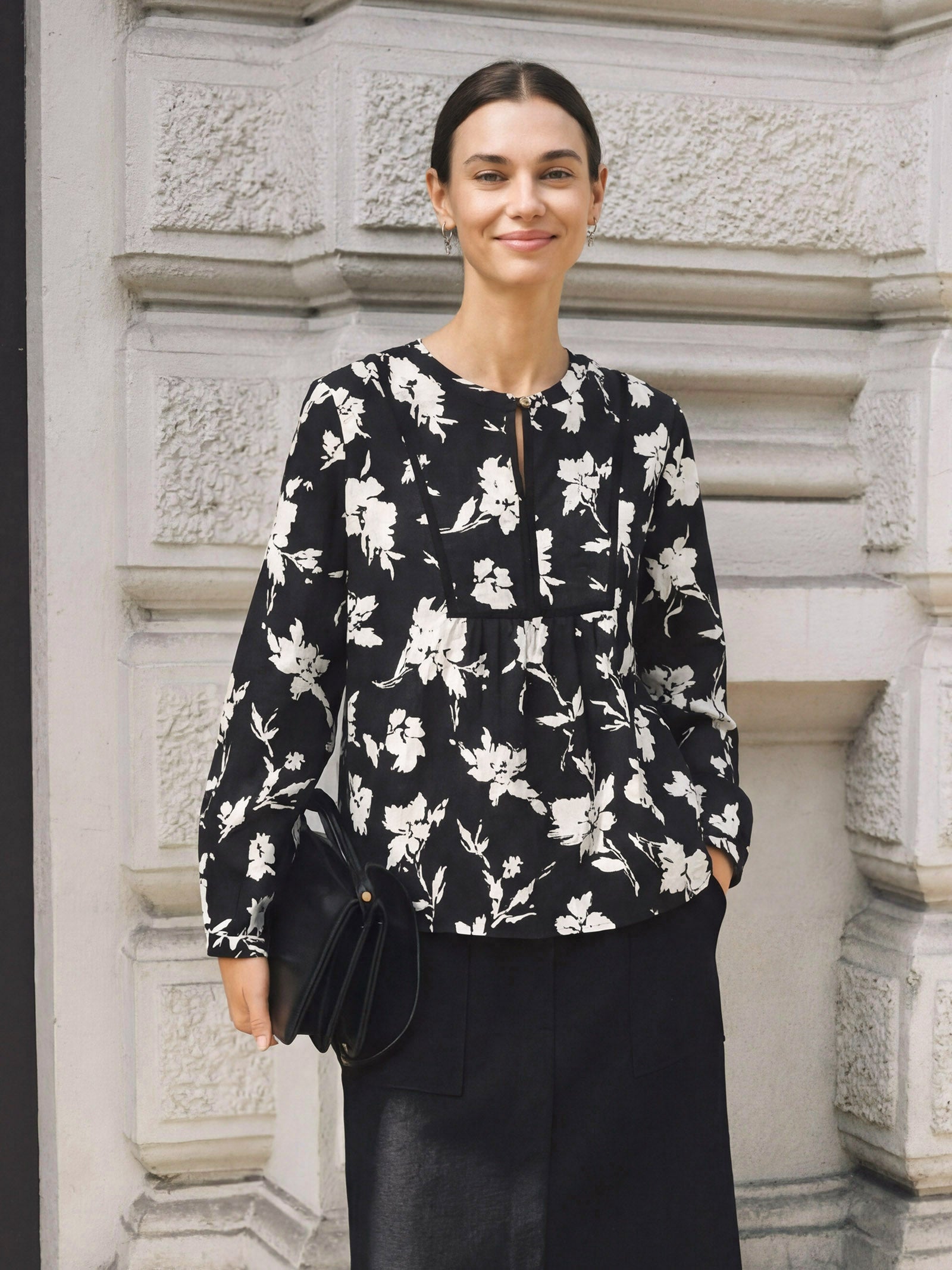 100% Linen Floral Printed Gathered Pullover Top AMIYA by LINTICO