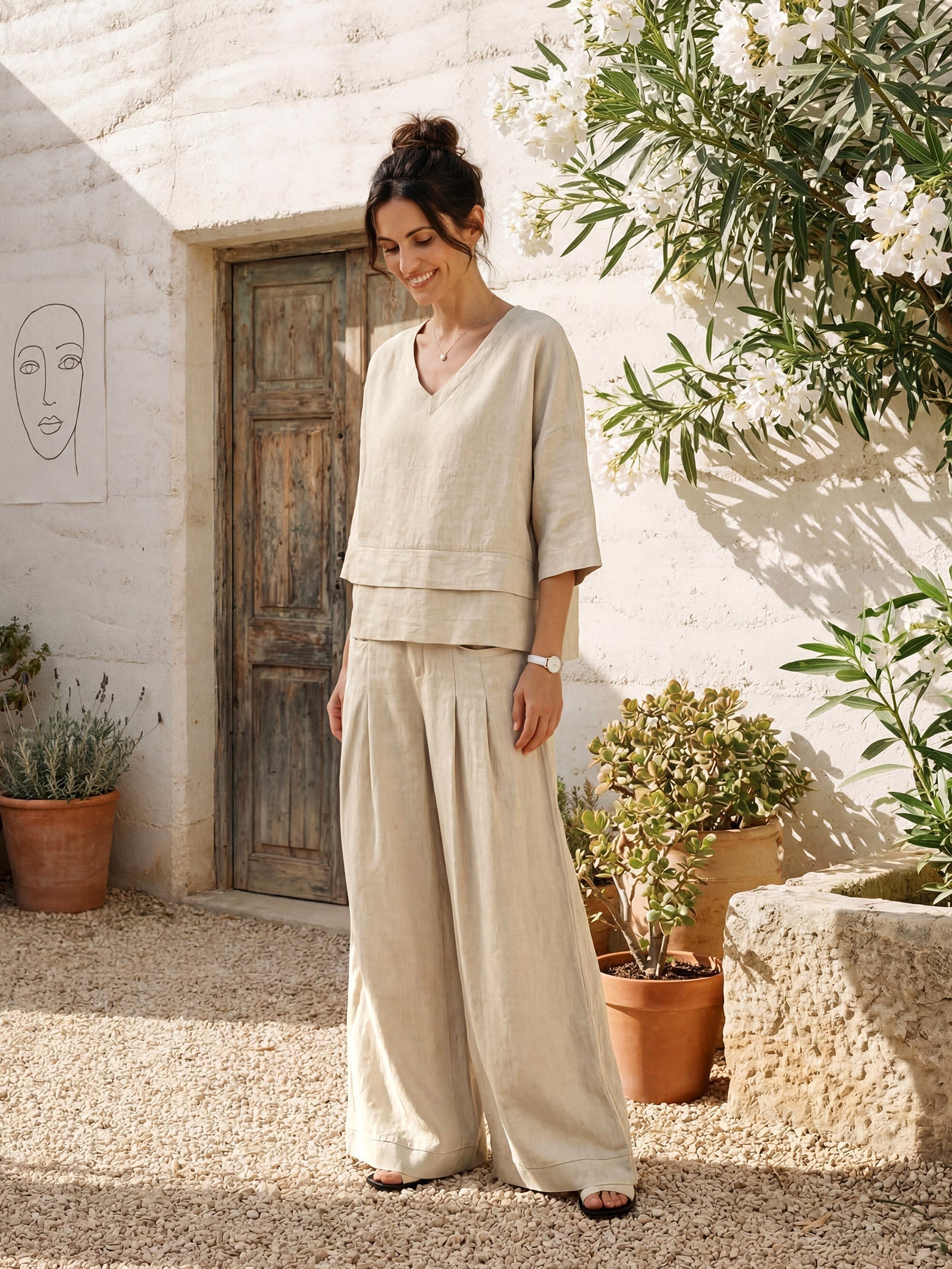 100% Linen Sculpted Pleat Elasticated Back Relaxed Pants VERIDIANA DestGlow