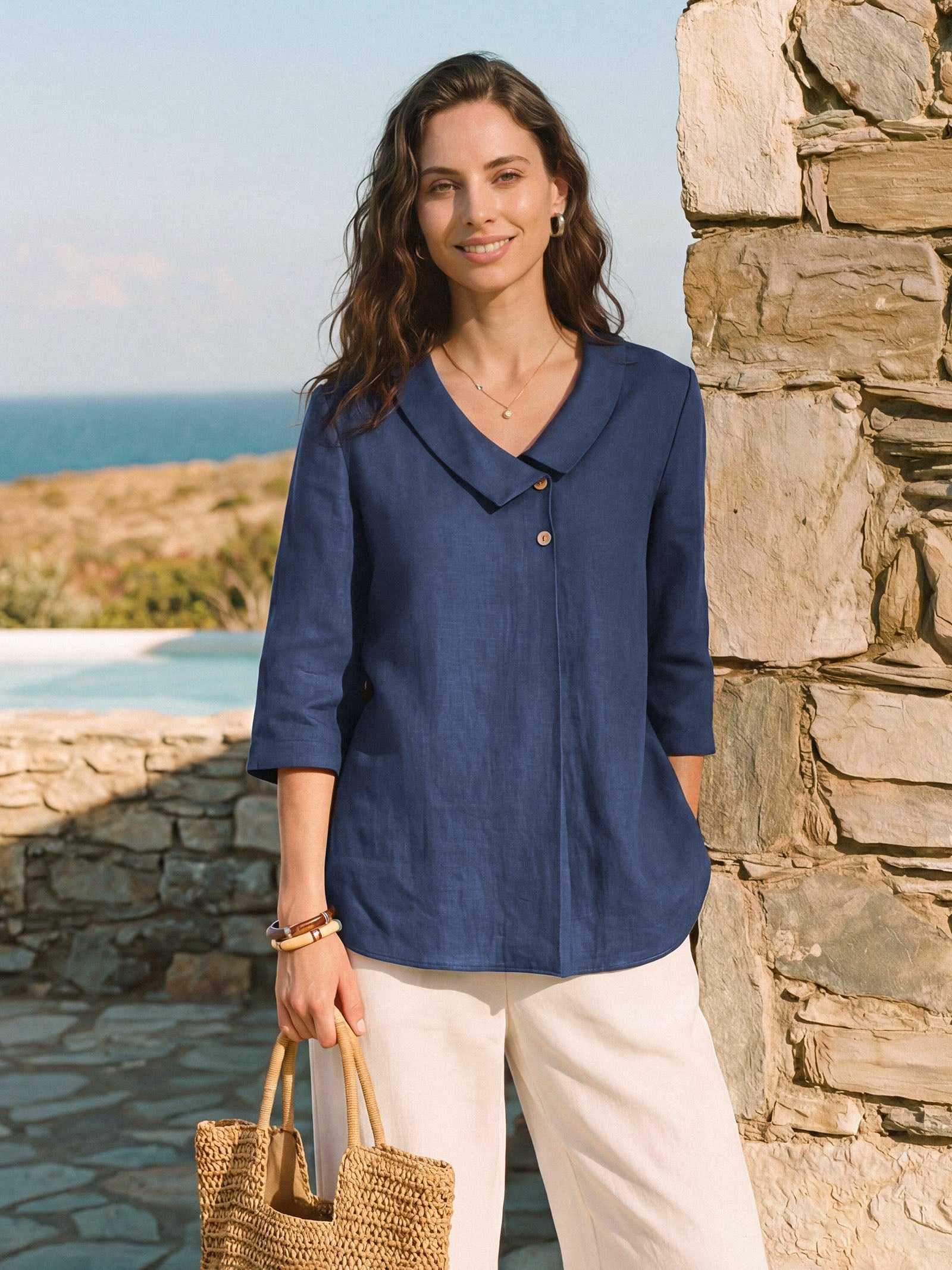 100% Linen Asymmetric Collar Inverted Pleat Top OTTILIE DestGlow