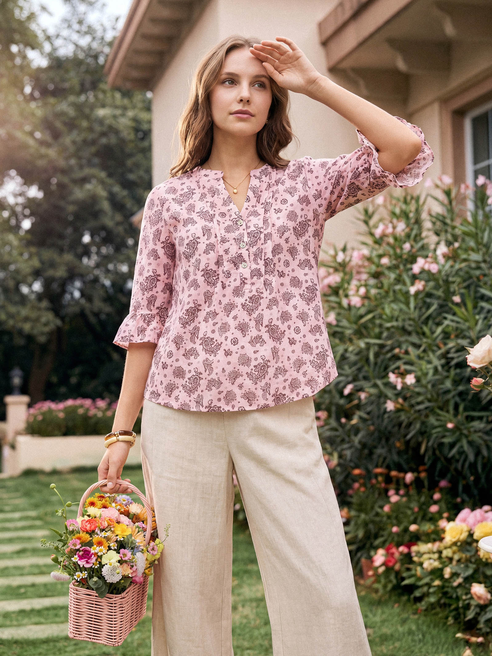 Linen Paisley Pintucked Ruffle-Cuff Curved Hem Blouse ILARIA by LINTICO