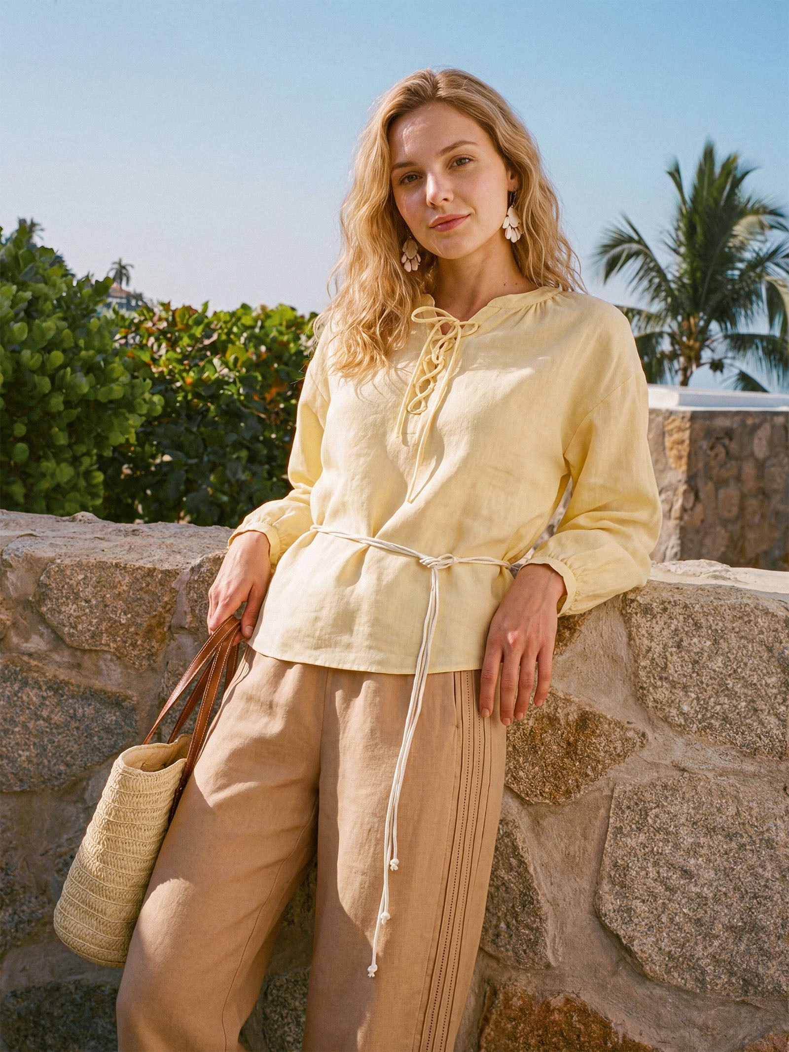 100% Linen Lace-Up Shirred Lantern Sleeve Blouse DOROTHEA DestGlow