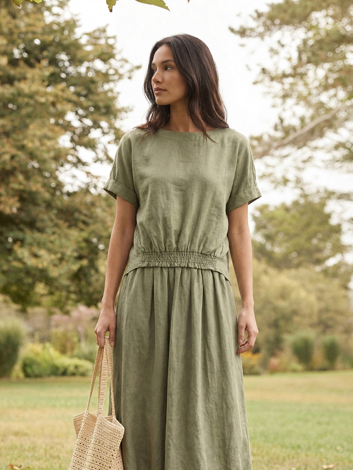100% Linen Drop Shoulder Split-Back Double Shirred Hem Top LINDSEY by LINTICO