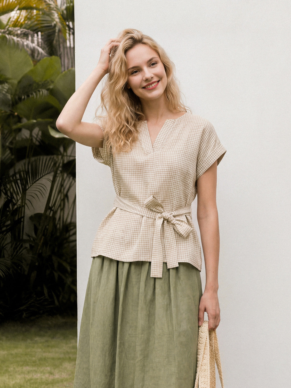 100% Linen Plaid Detachable Tie-Belt Split-Neck Top LEXIE DestGlow