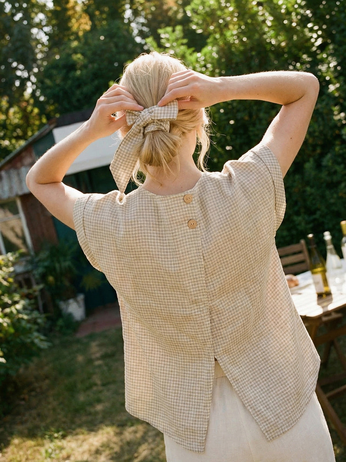 100% Linen Plaid Detachable Tie-Belt Split-Neck Top LEXIE DestGlow