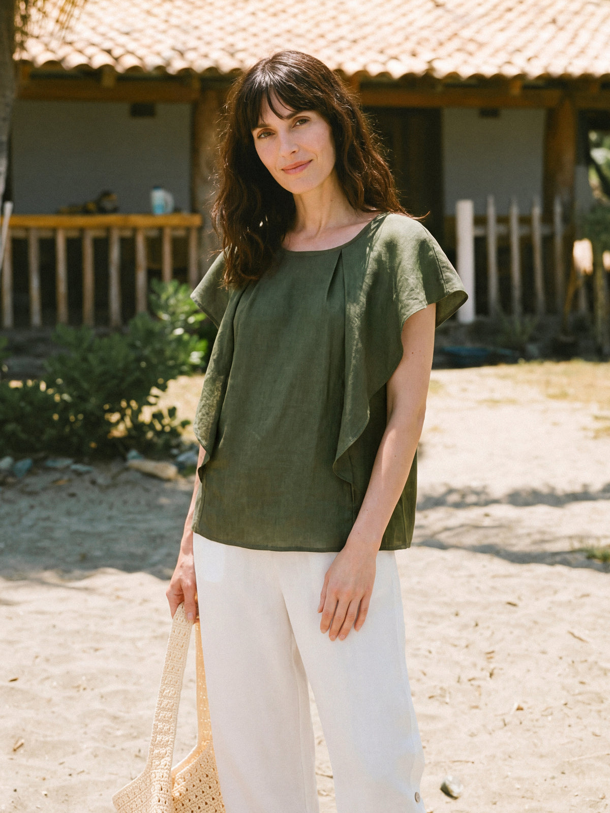 100% Linen Flutter Sleeve Sculpted Pleat Top DRUSILLA DestGlow