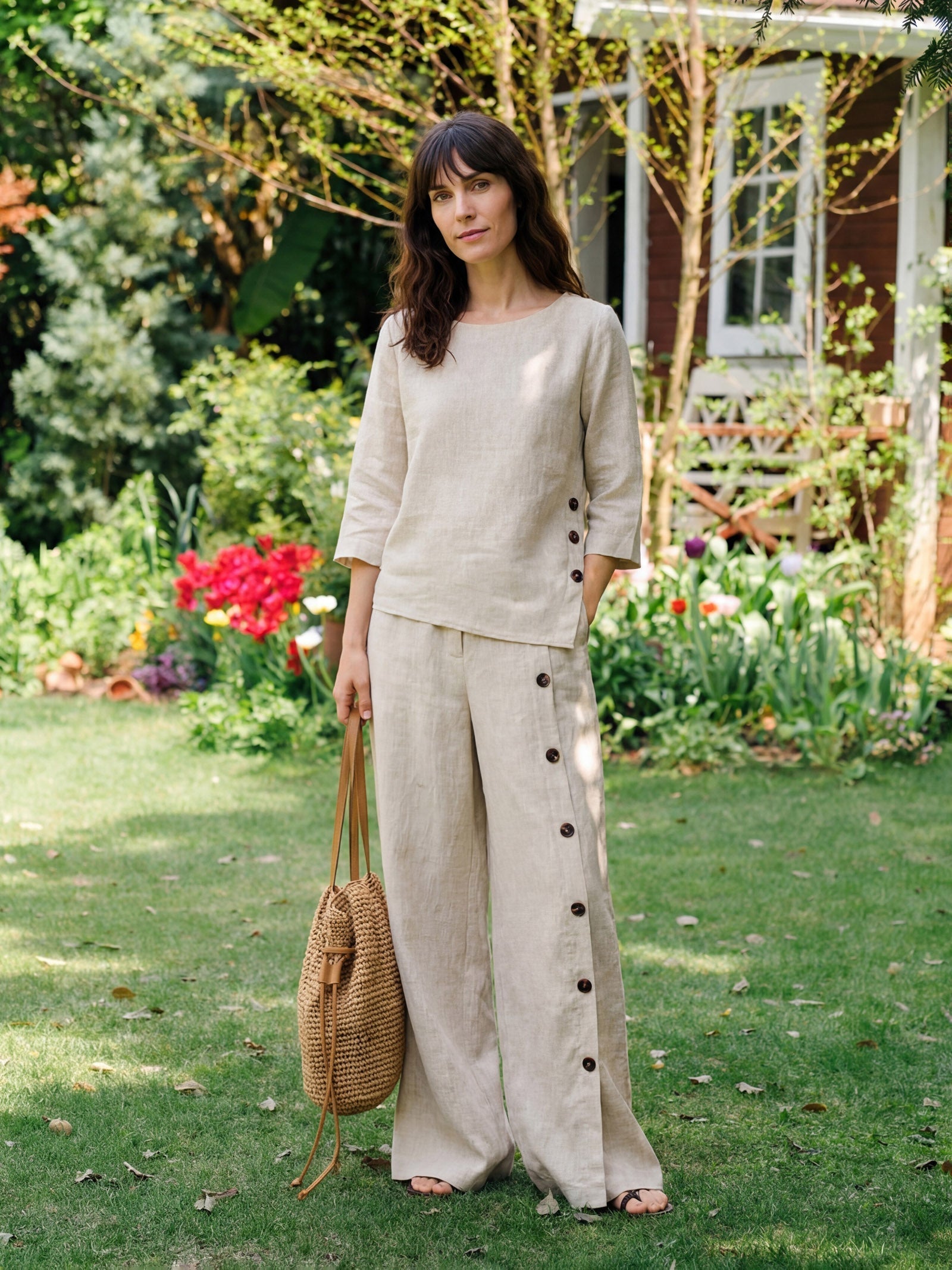 100% Linen Buttoned Slit-Hem Pants KATYA DestGlow