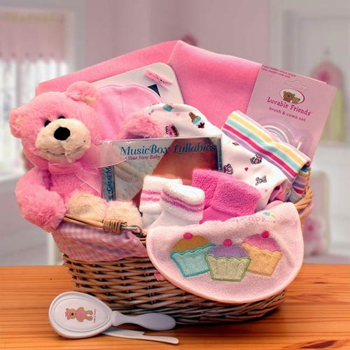 Baby Girl Gift Basket - Complete Basics Set with Fabric-Lined Hamper (Pink)