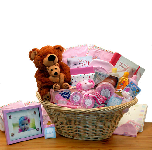 Deluxe Welcome Home Baby Girl Basket - Complete Set with Keepsakes & Laundry Basket (Pink)