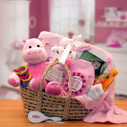 Baby Girl Gift Basket - Moses Carrier with Baby Essentials & Keepsakes (Pink)