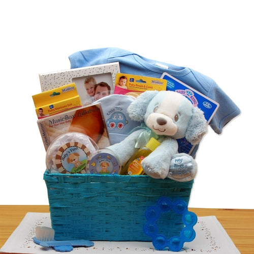 Puppy Love New Baby Gift Basket - Blue Baby Boy Gift Set with Essentials