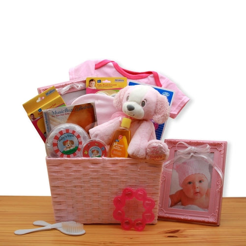 Puppy Love Baby Girl Gift Basket - Plush Puppy with Keepsakes & Essentials (Pink)