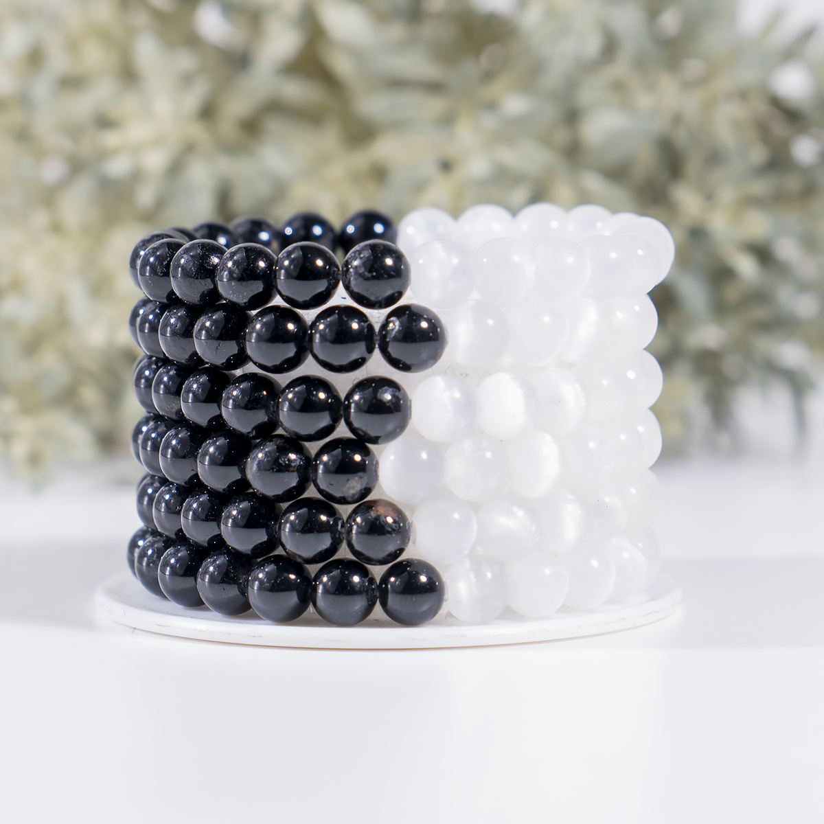 Yin Yang Balance Crystal Bracelet, Selenite, Black Tourmaline Crystal Healing Spiritual Support Balance DestGlow