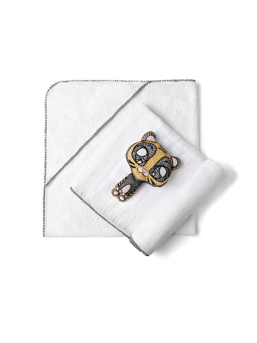 3-Piece Newborn Essential Gift Set - Hooded Towel, Swaddle & Toy Rattle