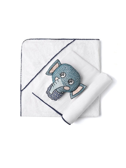 3-Piece Newborn Essential Gift Set - Hooded Towel, Swaddle & Toy Rattle