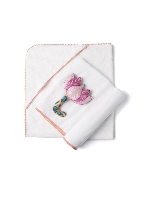 3-Piece Newborn Essential Gift Set - Hooded Towel, Swaddle & Toy Rattle