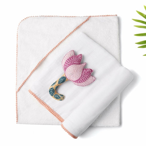 3-Piece Newborn Essential Gift Set - Hooded Towel, Swaddle & Toy Rattle