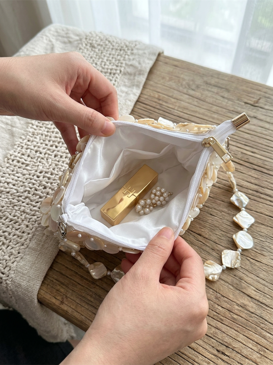 Luxe Handcrafted Mother-of-Pearl Disc Clutch for Special Occasions & Summer Vacations DestGlow