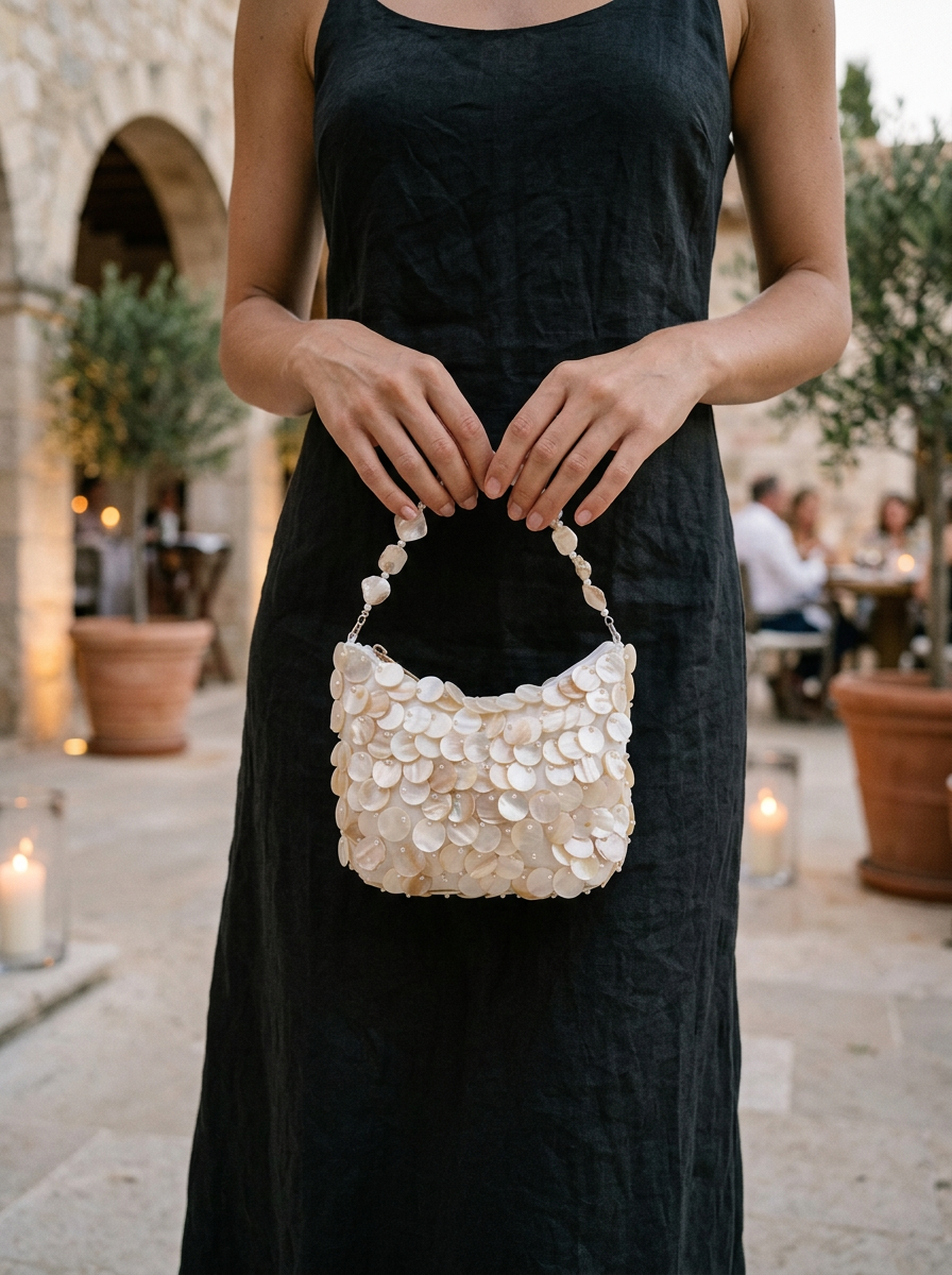 Luxe Handcrafted Mother of Pearl Disc Clutch for Special Occassion & Summer Vacations by LINTICO