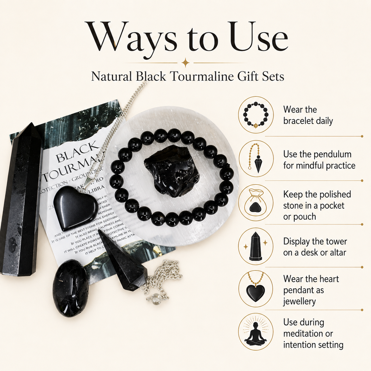 Black Tourmaline Crystal Gift Set For Emotional Support and Protection, Real Polished Gemstones. DestGlow