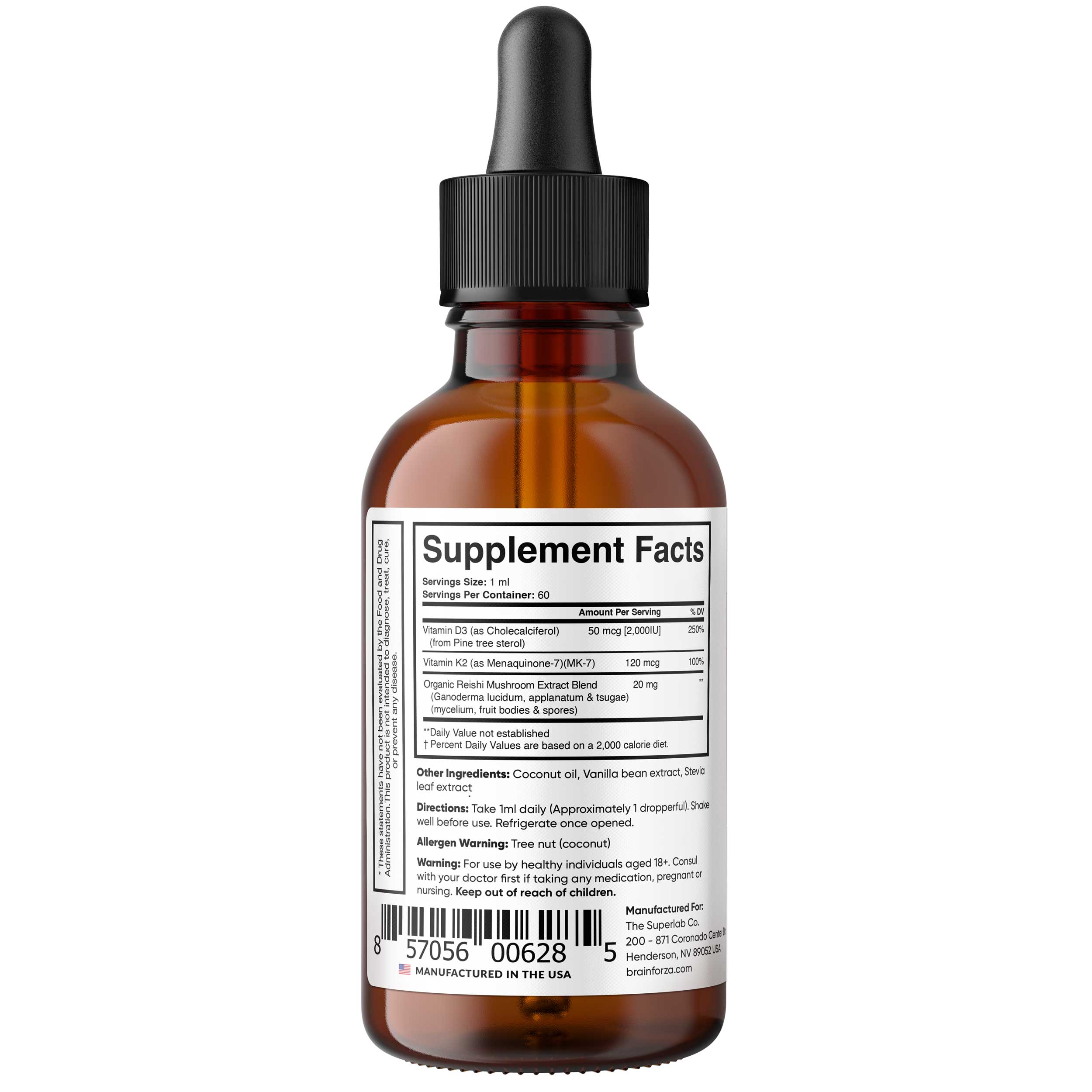 Vegan+ Vitamin D3 + K2 Liquid Drops, 2oz by Brain Forza®