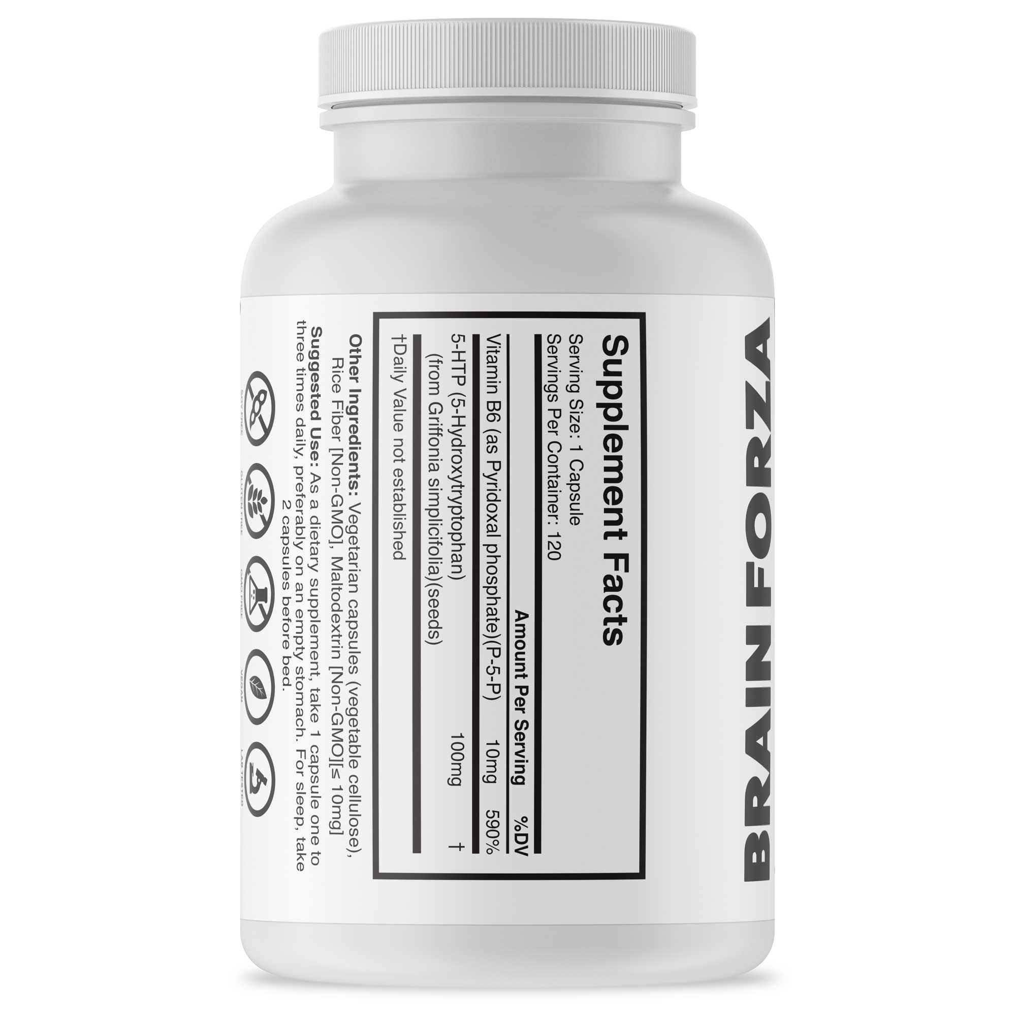 Natural 5-HTP 100mg w/ Vitamin B6, 120 Capsules by Brain Forza®