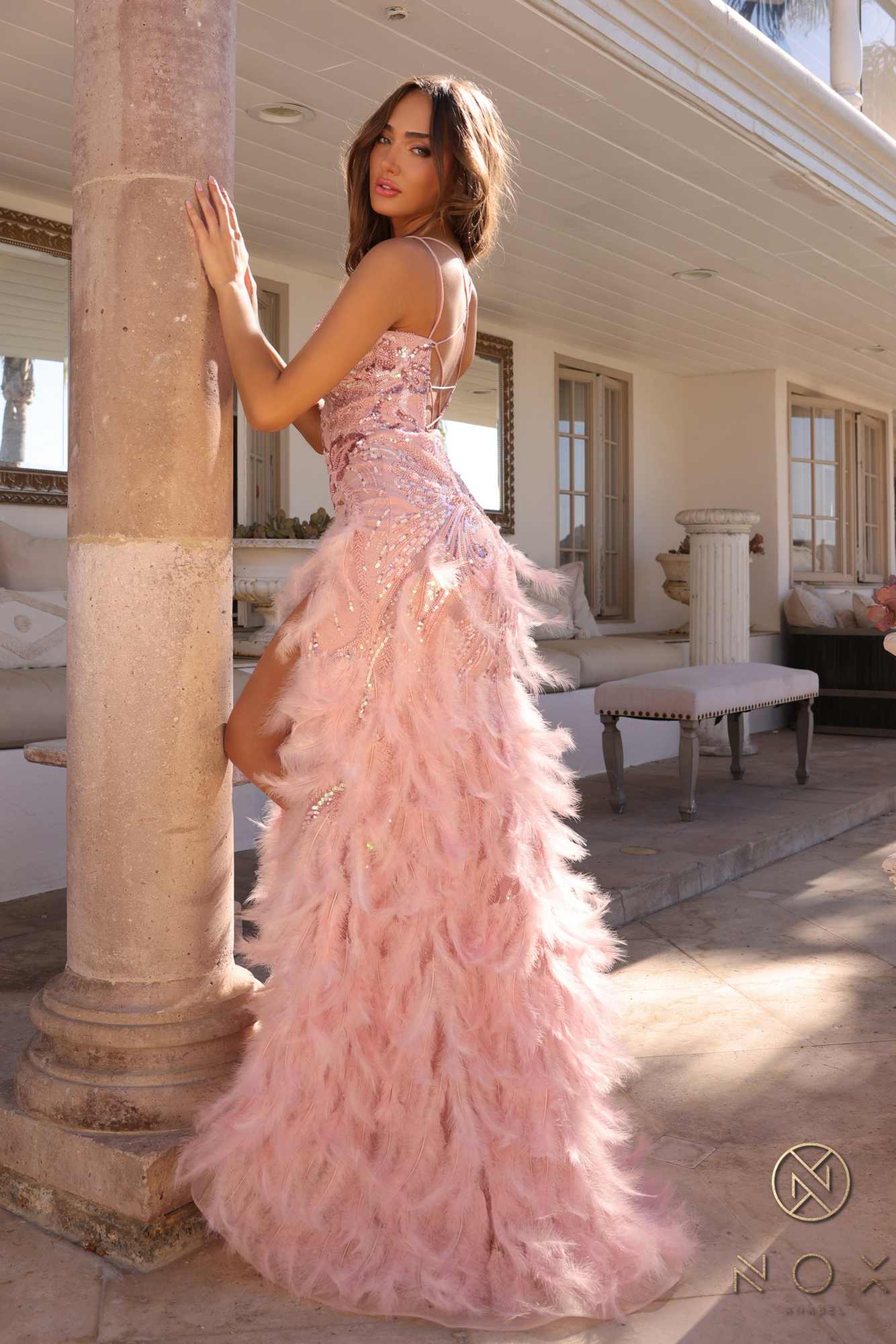 Nox Anabel C1413 Long Sequin Embroidered Applique Fitted Feather Gown DestGlow
