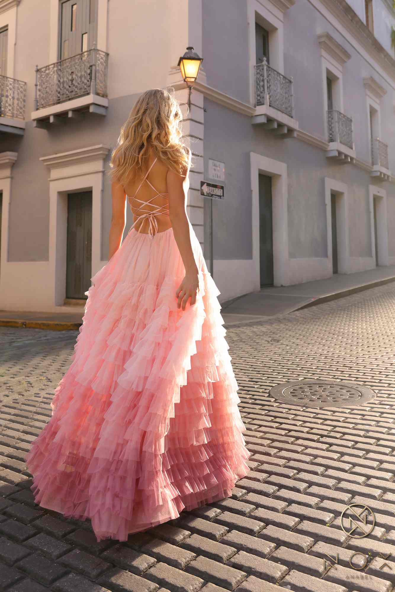 Nox Anabel C1420 Long Ombre Tiered Ruffled Skirt A-Line Slit Gown by DiscountDressShop