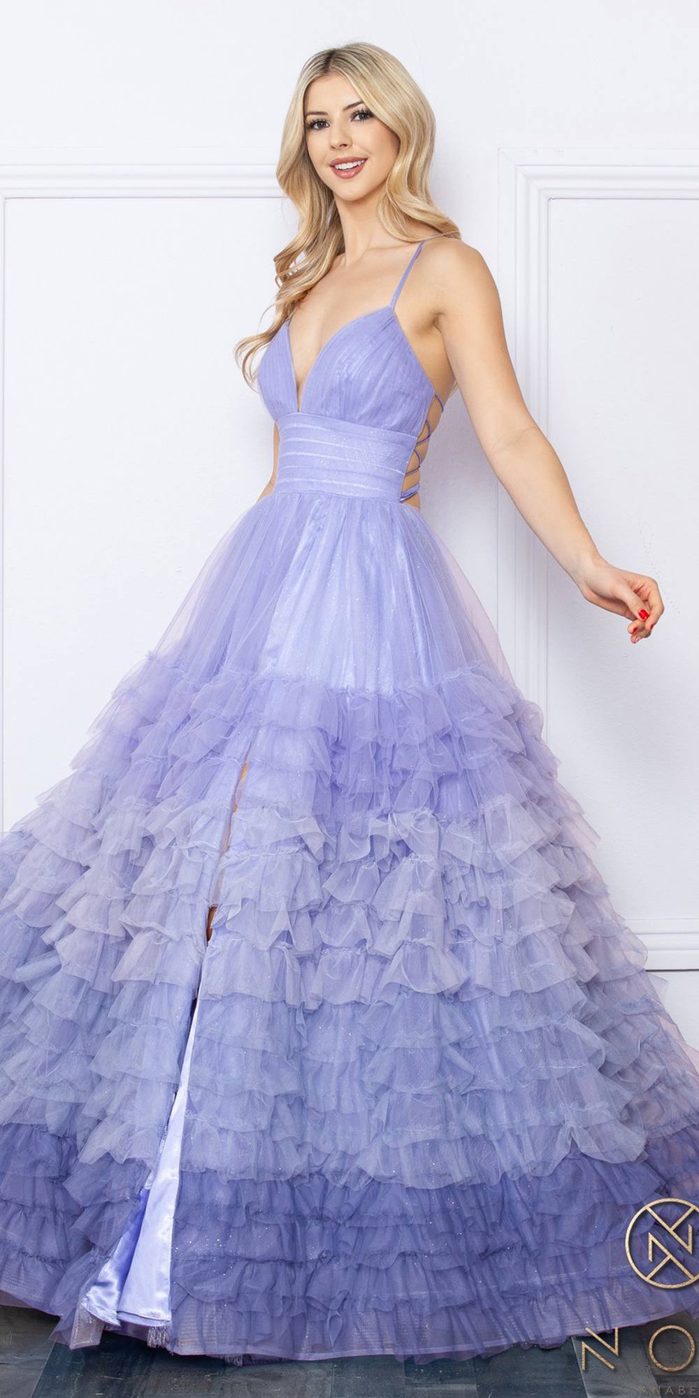 Nox Anabel C1420 Long Ombre Tiered Ruffled Skirt A-Line Slit Gown by DiscountDressShop