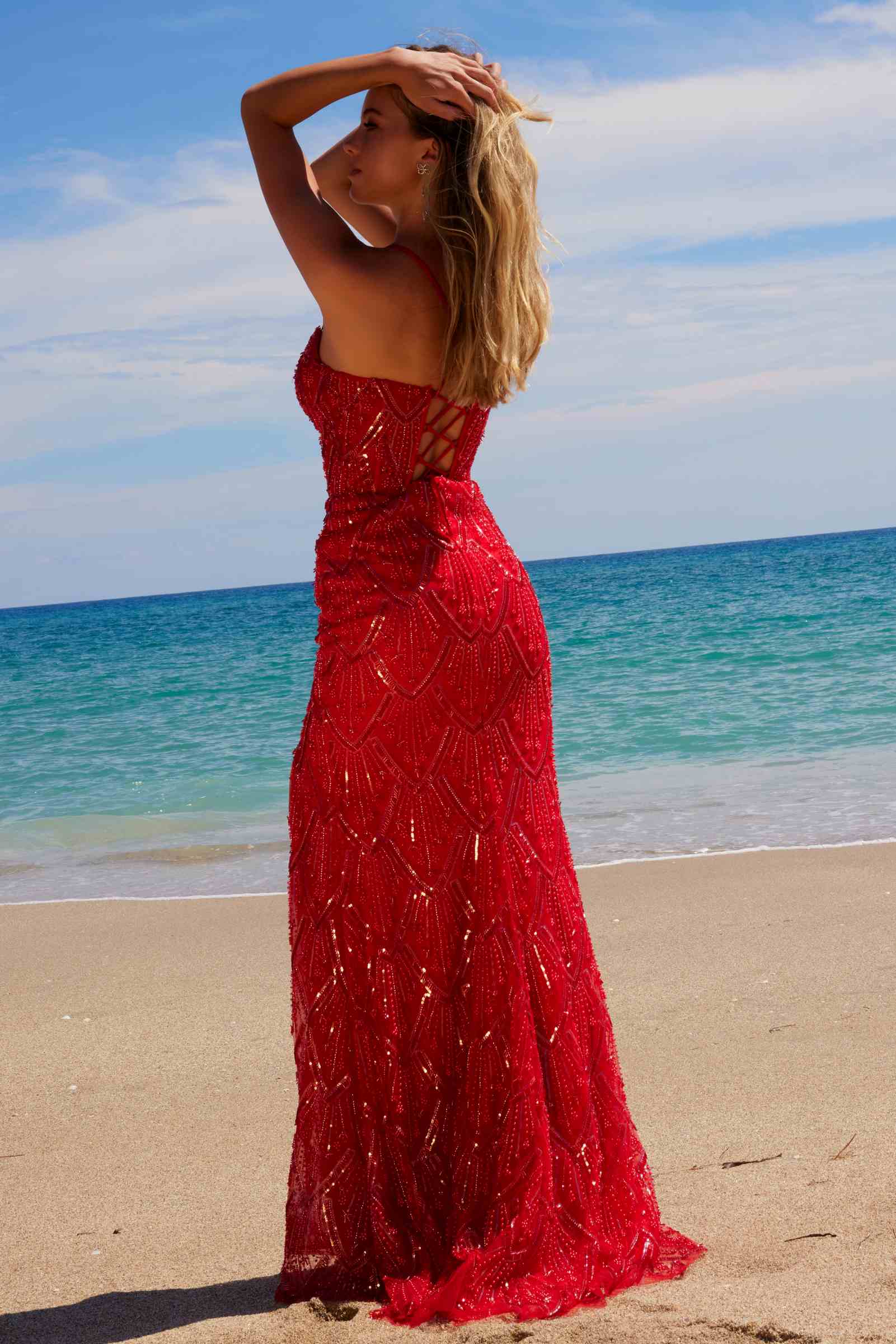 Nox Anabel C1616 Beaded Tulle Lace-Up Dress with Slit by DiscountDressShop