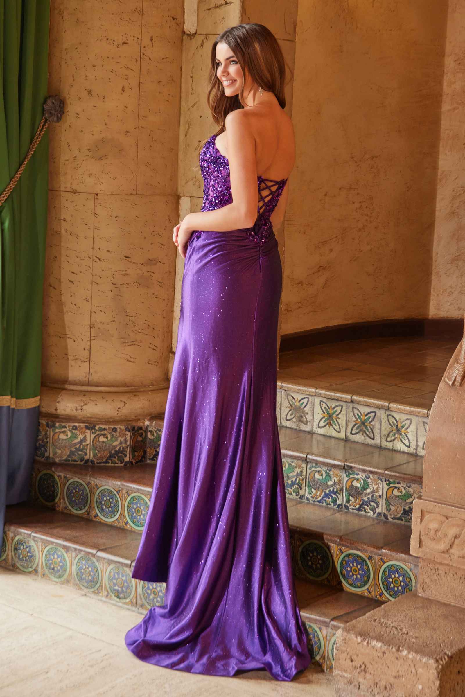 Nox Anabel C1630 Glitter Satin Sequin Lace Up Bodice Dress by DiscountDressShop