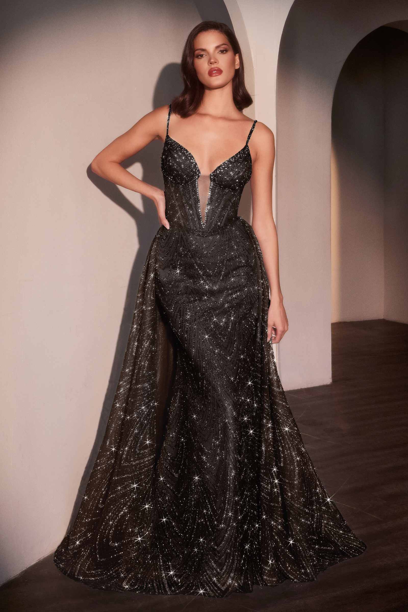 Ladivine C167 Dress Glitter Printed Fitted Gown With Overskirt by DiscountDressShop