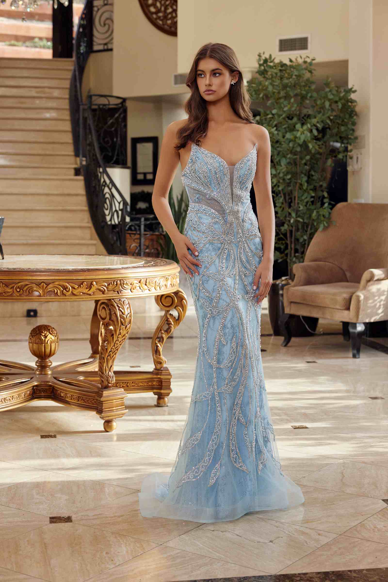 Nox Anabel C1826 Peaked Neckline Beaded Embellishments Fitted Prom Gown by DiscountDressShop