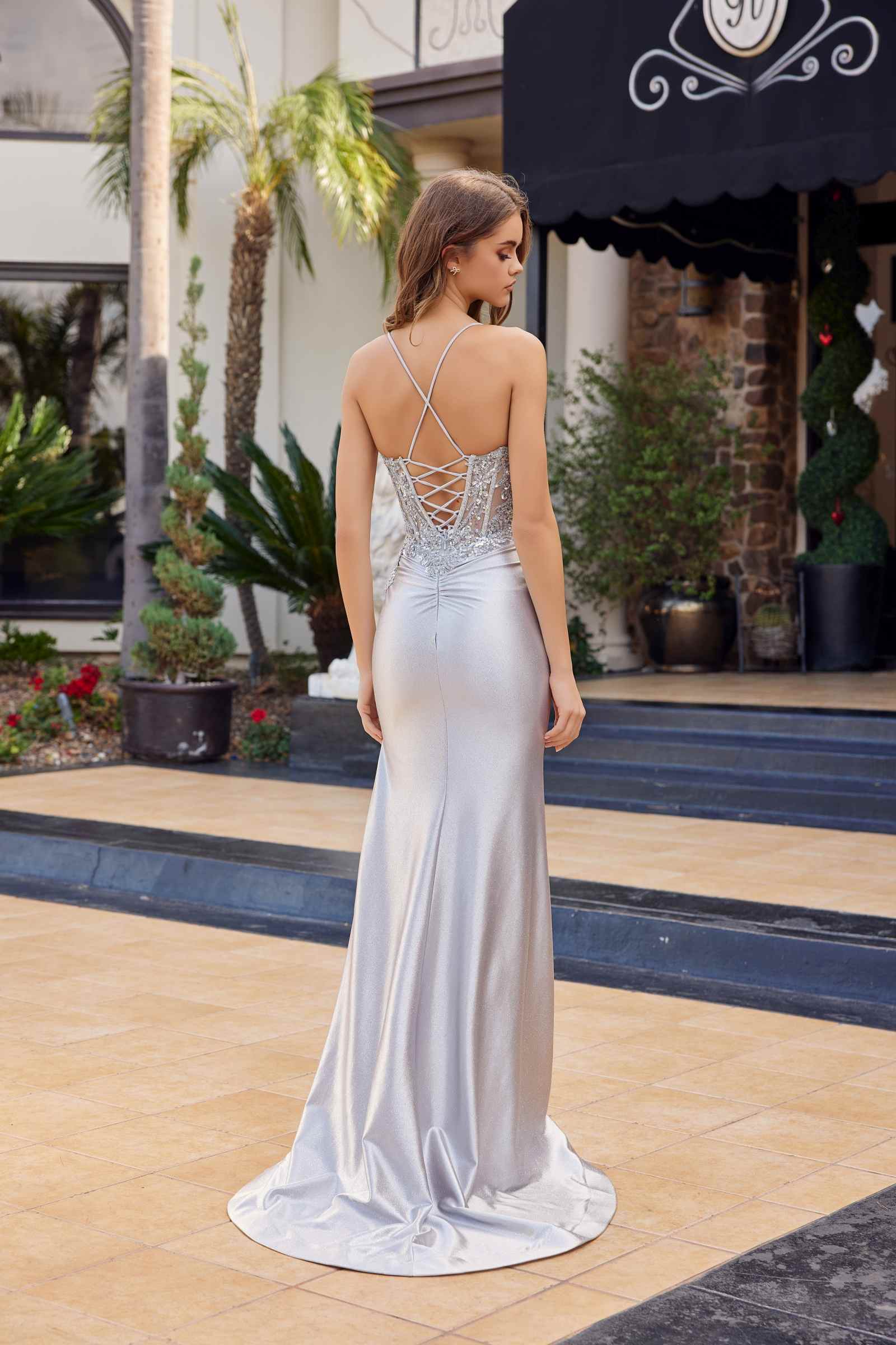 Nox Anabel C1841 Glitter Dusted Satin Sequined Embellishment Prom Gown by DiscountDressShop