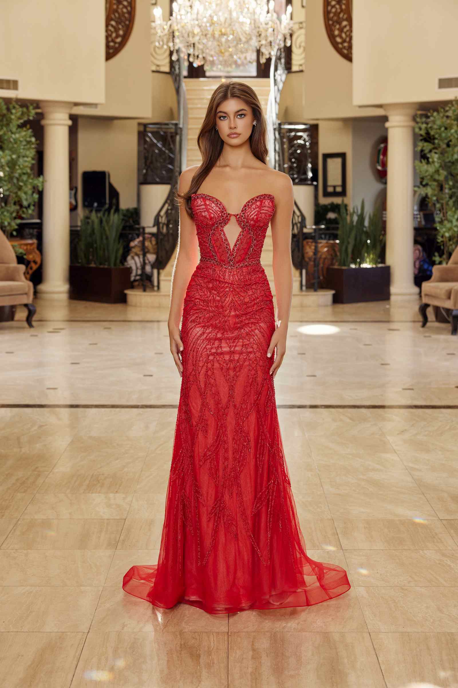 Nox Anabel C1848 Fitted Beaded Tulle Strapless Keyhole Bodice Prom Gown by DiscountDressShop
