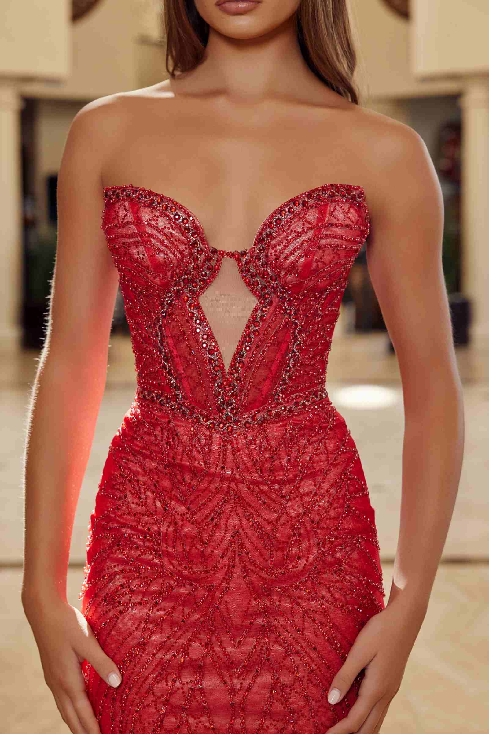 Nox Anabel C1848 Fitted Beaded Tulle Strapless Keyhole Bodice Prom Gown by DiscountDressShop